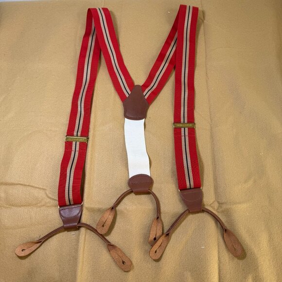 Vintage Dooney & Bourke Red Striped Suspenders Leather Button Loop Braces - Picture 1 of 3